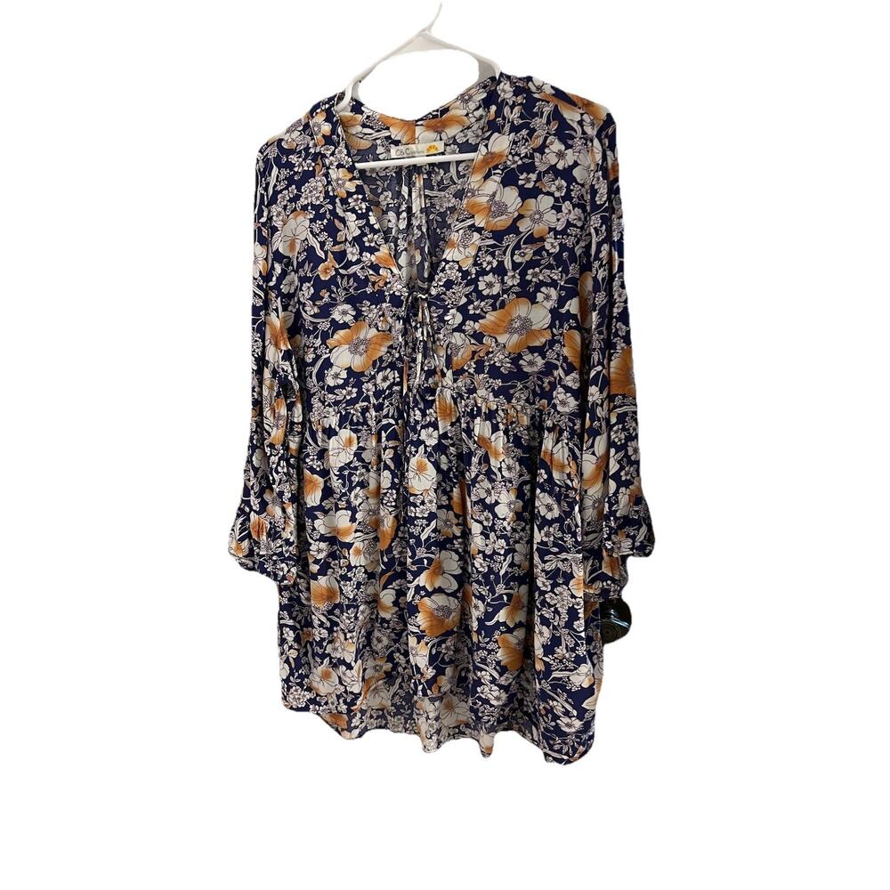C&C California Blue Floral Tie Neck Peasant Tunic Top Flare Ruffle Sleeve Sz L